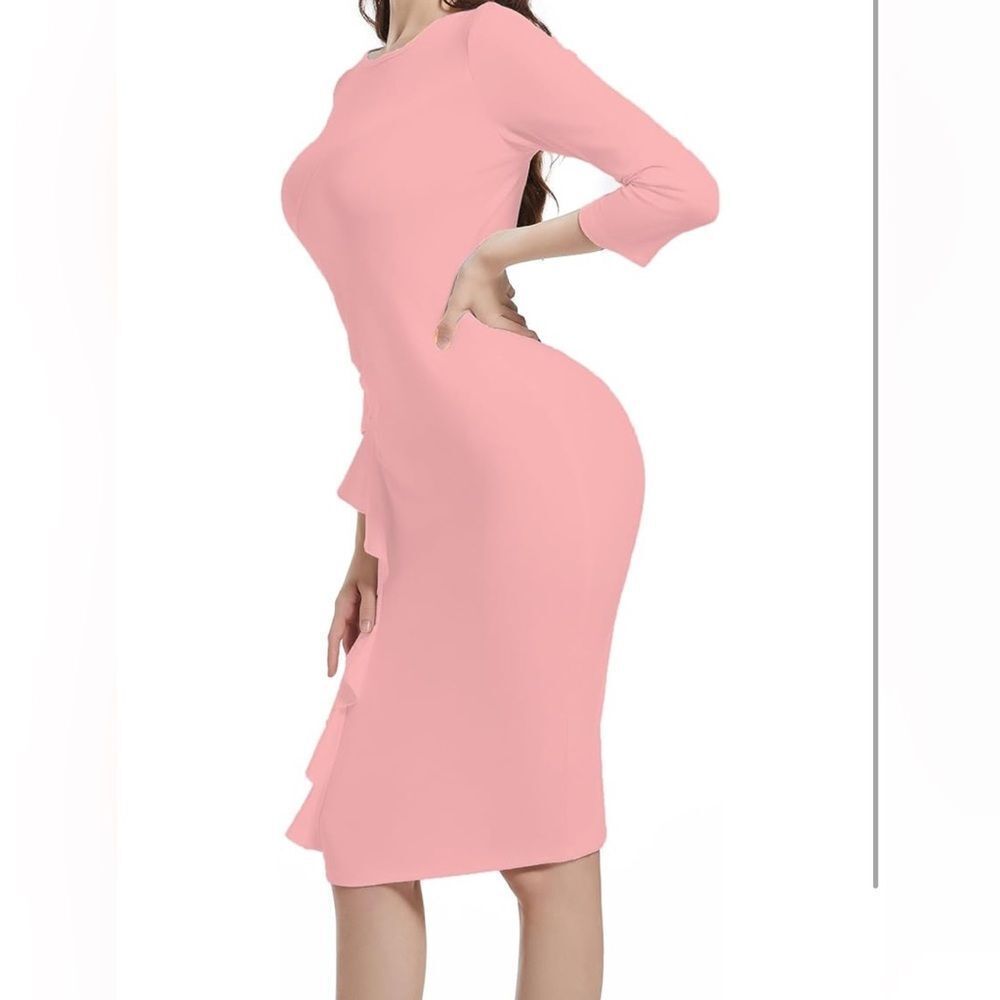 Women 3/4 Sleeve Bodycon Ruffle Vintage Work Midi Pencil Dress xl Like new - Picture 4 of 12